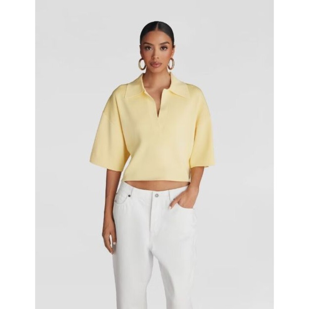 KBB by KAHLANA Women Short Sleeve Boxy 'The Cropped Polo Sweater' - Yellow M NWT